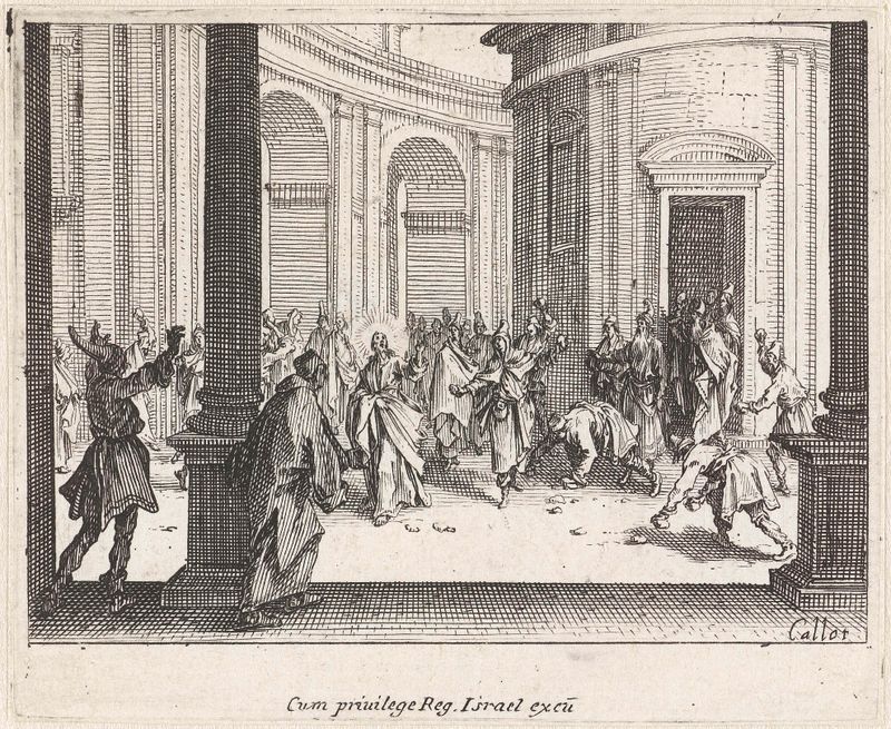 Grabado religioso de Jacques Callot que muestra una multitud en conflicto