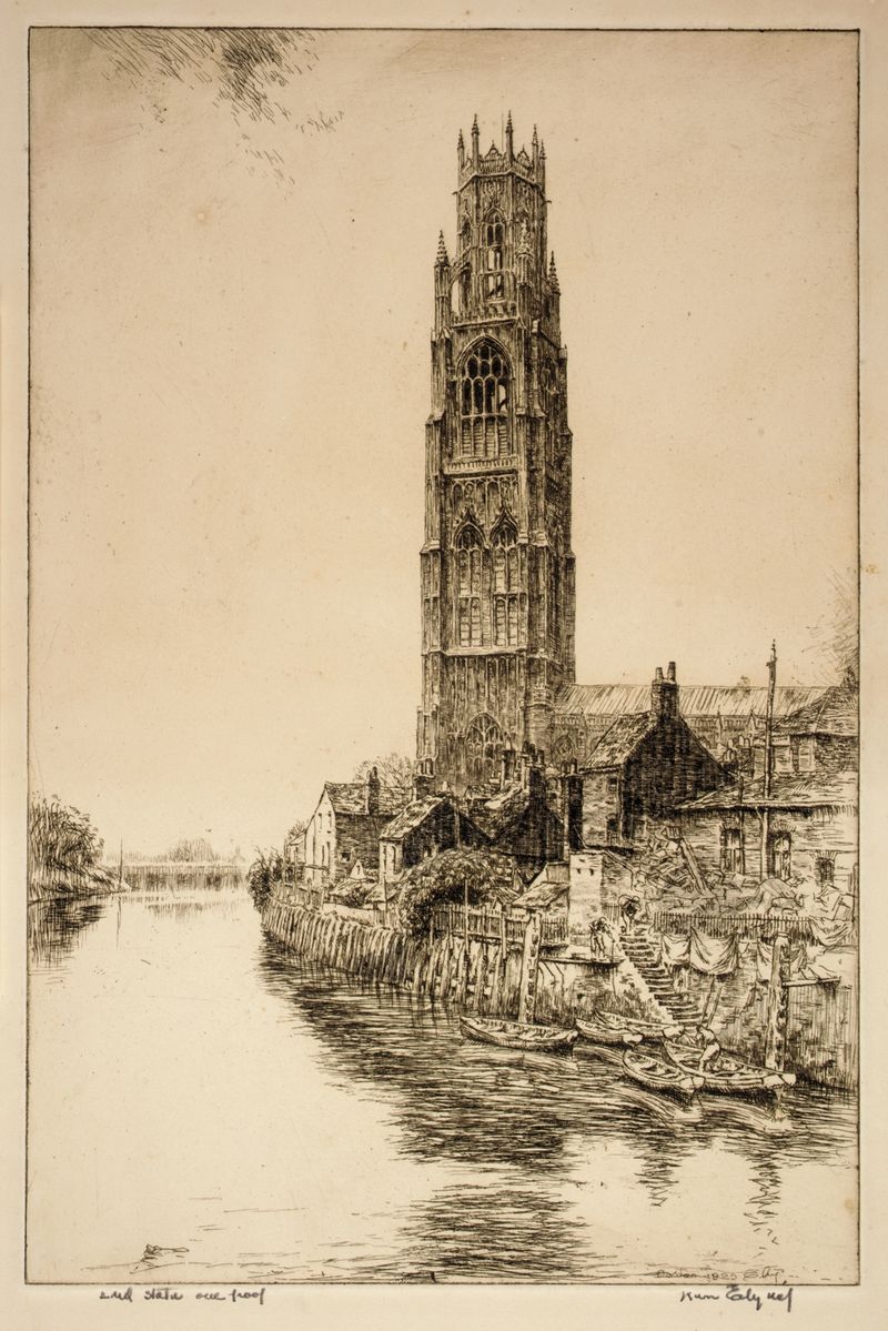 Gravura de Kerr Eby retratando Boston Stump com uma torre solitária contra um céu suave.