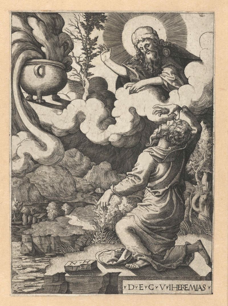 Grabado de Nicolaas Hogenberg que muestra a Jeremías arrodillado en oración sobre un suelo de piedra.