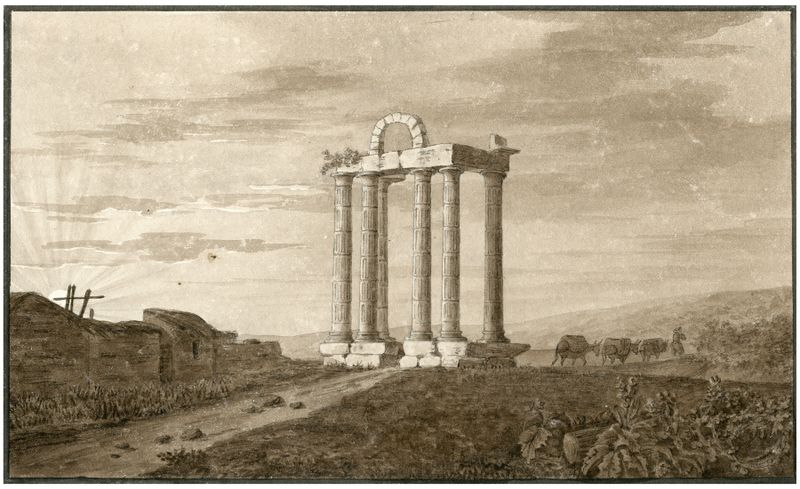 Landscape oil painting by Otto Howen depicting ancient ruins under a vast sky