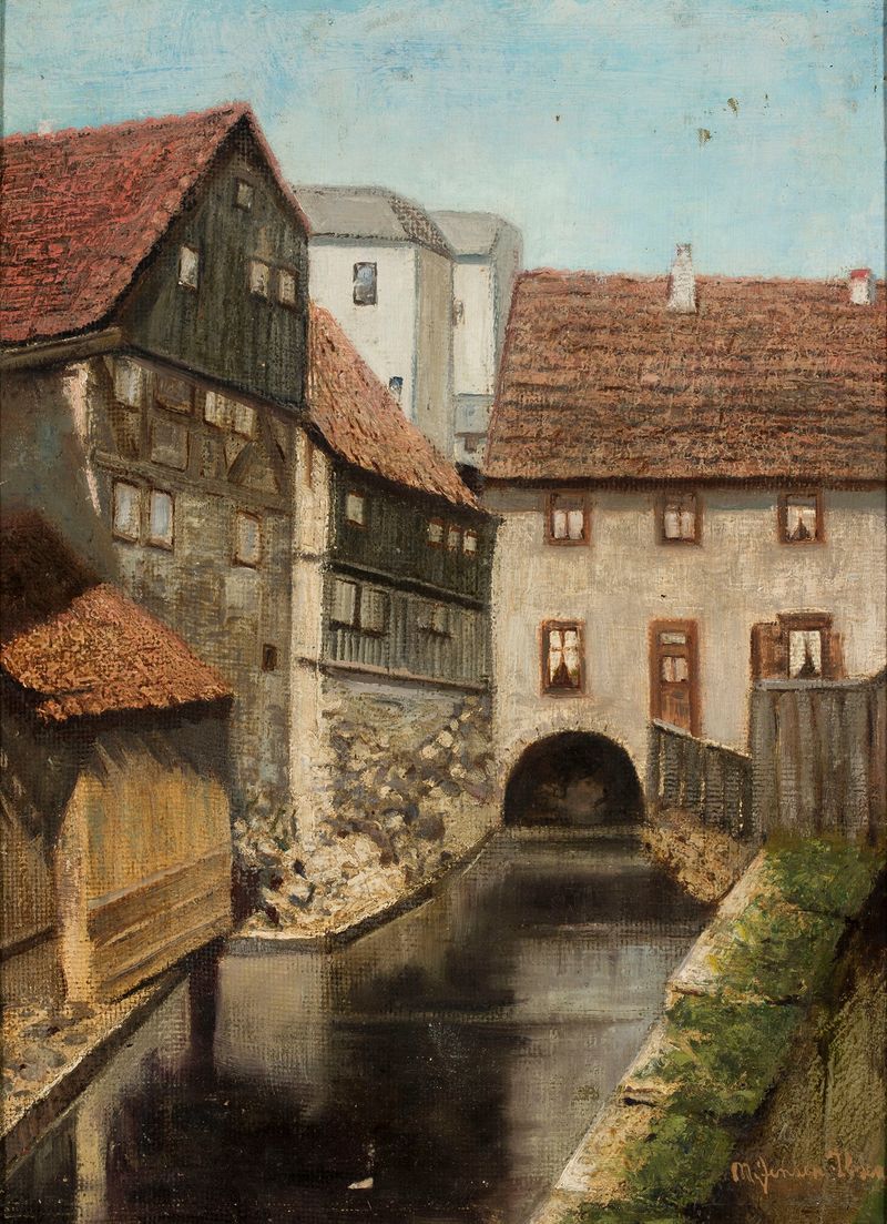 Alley at the canal, oil on canvas by Marie Ibsen Jensen