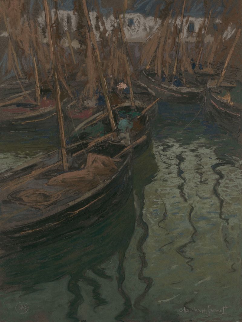 A Dock Harmony-Fishing Boats by Charles Fromuth, oil on canvas depicting fishing boats at a dock
