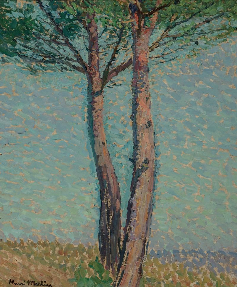 Pintura al óleo de Henri Martin con un pino imponente y follaje circundante