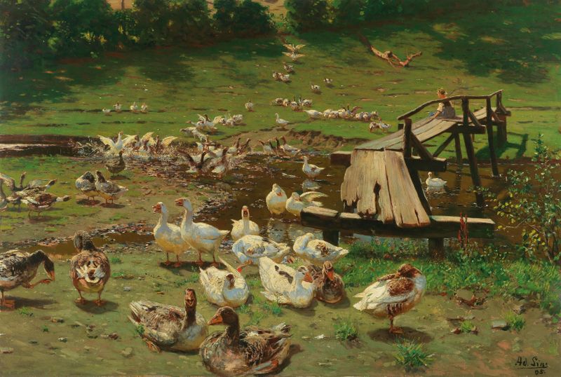 A Summer Day, Geese By A Pond by Adolf Lins, realism, depicting geese near a tranquil pond