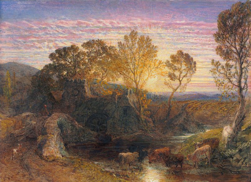 Paisaje del Romanticismo de Samuel Palmer, pintura al óleo con luz dorada sobre colinas onduladas