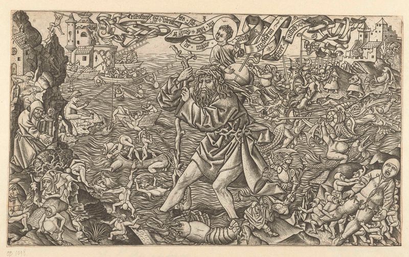Gravura de São Cristóvão por Alart du Hameel, mostrando uma figura robusta.