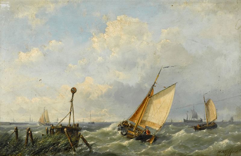 Fishing boats in a stiff breeze offshore, óleo sobre lienzo de Hermanus Koekkoek the Younger