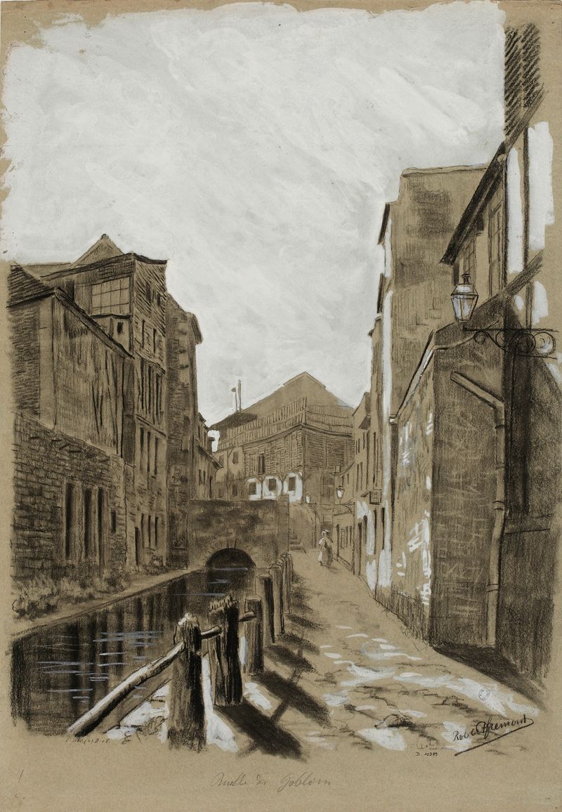 Ruelle des Gobelins by Robert Frémont, oil on canvas depicting a street with trees and light.