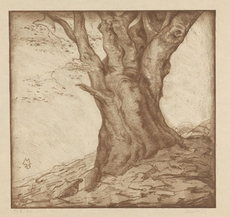 Escena interior con un tronco de haya, óleo sobre lienzo de Simon Moulijn