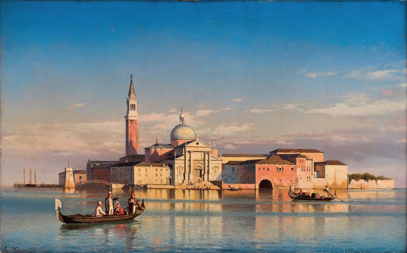 St. Giorgio Maggiore em Veneza por Carl Neumann, óleo sobre tela, retratando uma igreja e reflexos na água