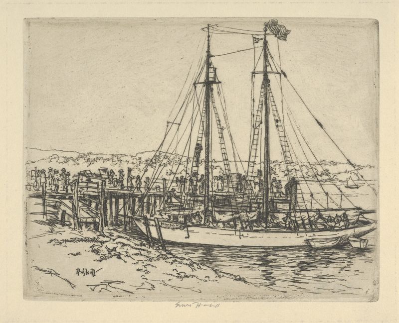 A gravura The Bowdoin de Ernest Haskell retratando uma cena tranquila de água com um barco.