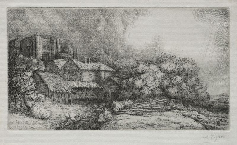 La Ferme de l’abbaye de Alphonse Legros, óleo sobre lienzo, representa una granja en un campo tranquilo.