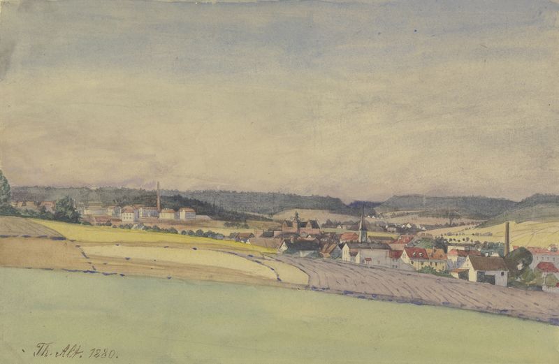 Landscape depicting a village surrounded by fields and forest, oil painting by Theodor Alt