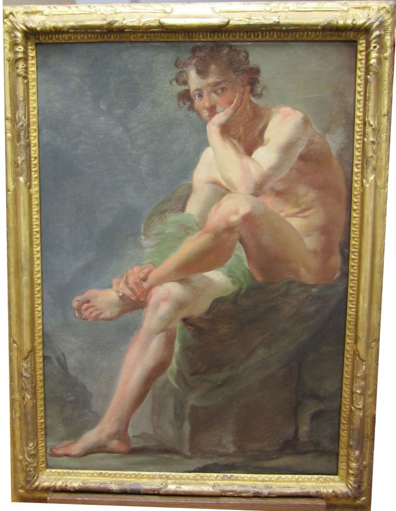 Seated Male Nude de Gaetano Gandolfi, óleo sobre papel, que representa una figura masculina relajada con luz y sombra.