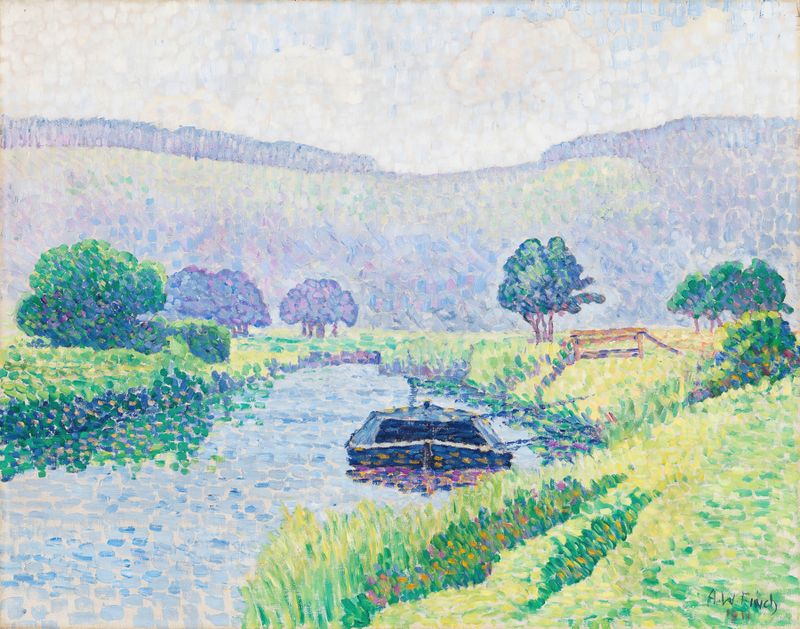Pintura al óleo de Alfred William Finch que representa un río y la naturaleza.