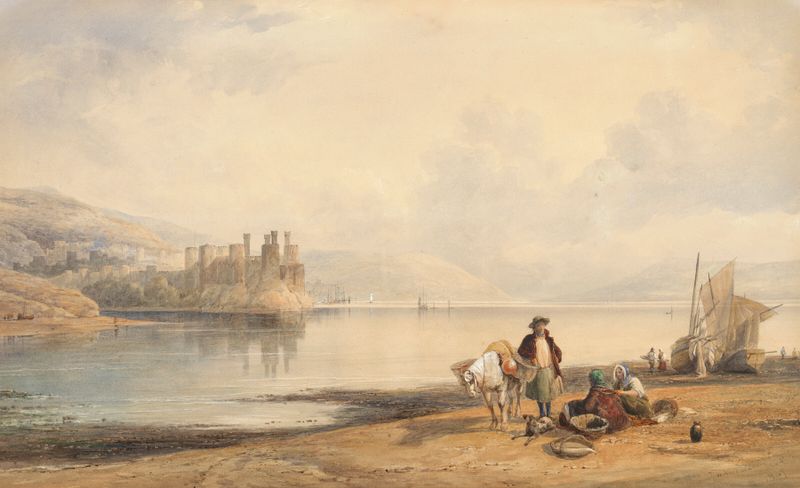 Conway Castle, oil painting by Thomas Miles Richardson, set in a dramatic landscape
