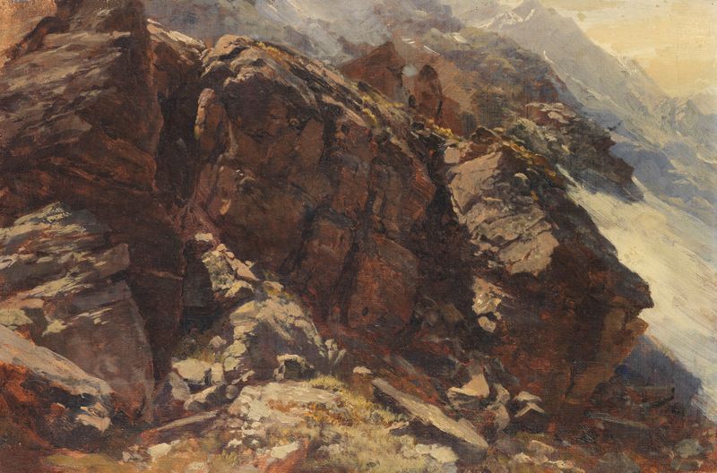 Hochgebirgsstudie by Edward Theodore Compton, oil on canvas depicting misty mountains.