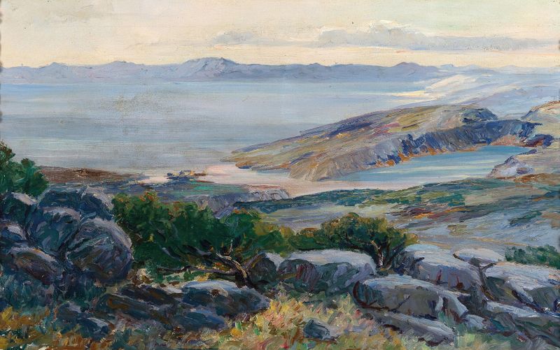 Marine scene depicting the Adriatic Coast by Menci Clement Crnčić, oil painting