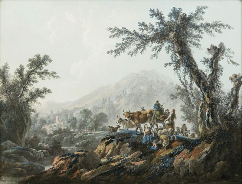 Pastoral Landscape by Jean-Baptiste Pillement, oil on canvas, depicting rolling hills and sunlight.