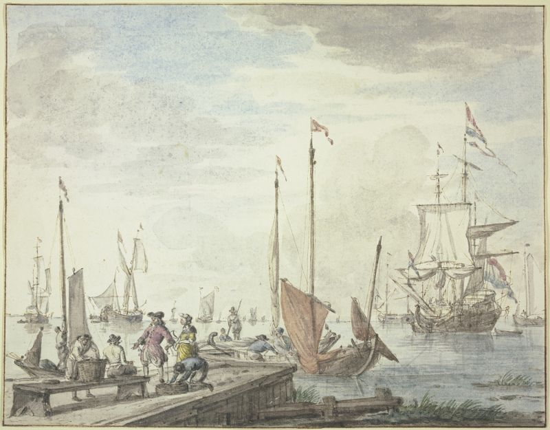 Oil painting by Abraham Storck depicting boats and a merchant by the water