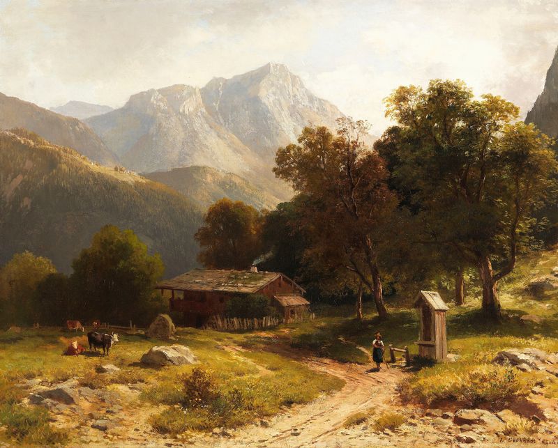 Sommerliche Alpenidylle de Ludwig Gebhardt, pintura a óleo que mostra vegetação e os Alpes.