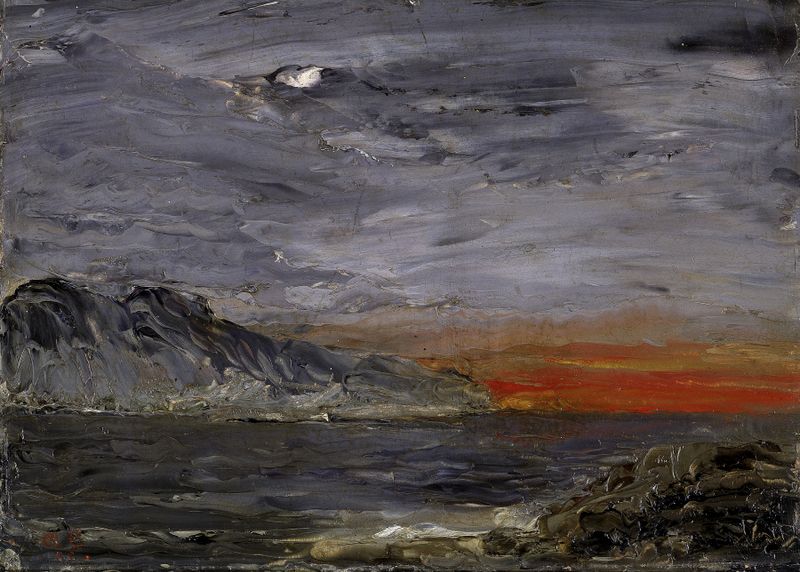 Sunset oil painting by August Strindberg, featuring swirling oranges and purples in a landscape.