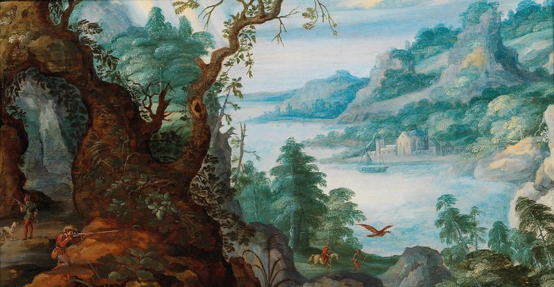 A mountainous landscape with huntsmen, oil painting by Marten Ryckaert