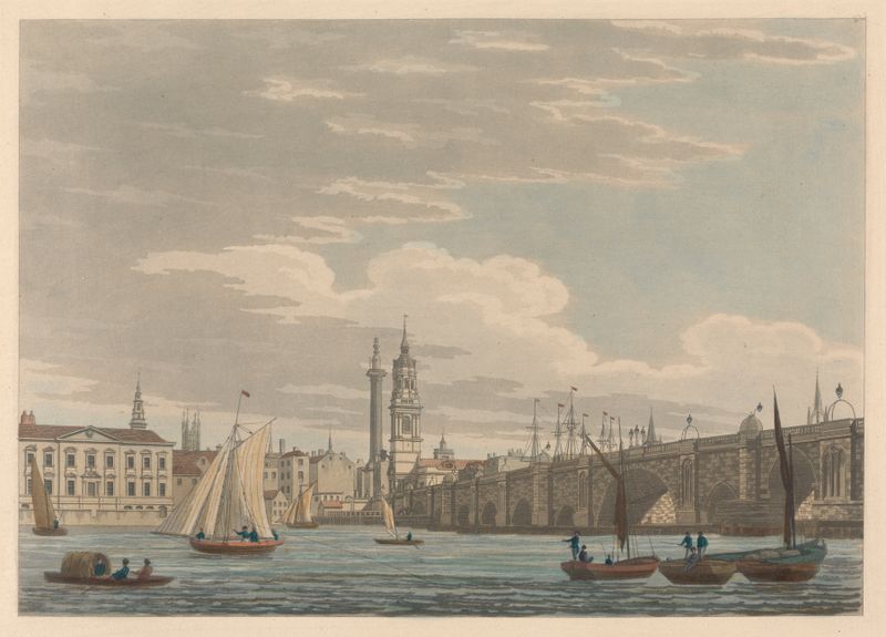 London Bridge watercolor by Thomas Malton, depicting architecture over a river.