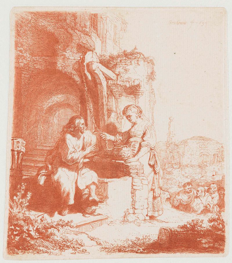 Cristo y la mujer samaritana entre ruinas, grabado de Rembrandt van Rijn