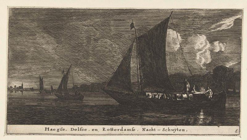 Gravura de Reinier Nooms mostrando barcos na água à noite