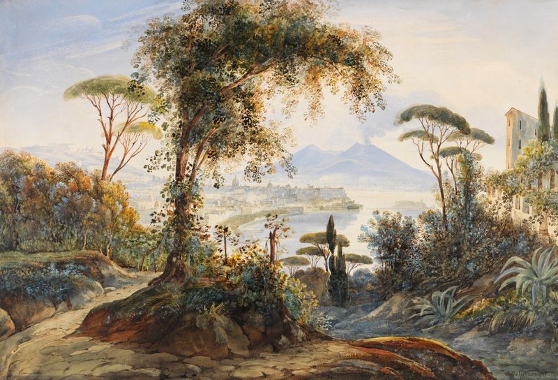 Pintura a óleo de paisagem de Johann Jakob Wolfensberger com o Golfo e o Vesúvio.