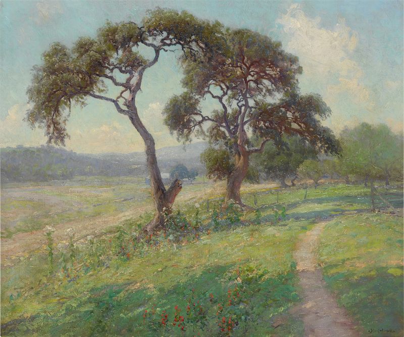 Texas Hill Country landscape by Julian Onderdonk, oil painting featuring rolling hills and a vibrant sky.