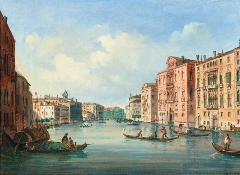 View of the Grand Canal with Palazzo Cavalli-Franchetti and Palazzo Barbaro by Carlo Grubacs, oil painting