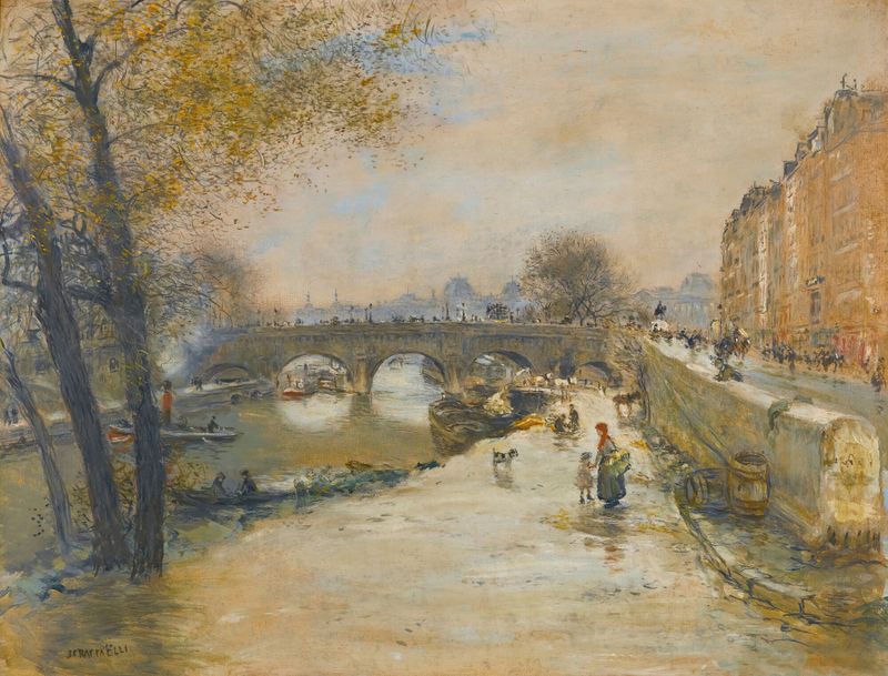 Le Quai Devant Le Pont Neuf de Jean François Raffaëlli, pintura al óleo, muestra la luz del sol sobre los adoquines.