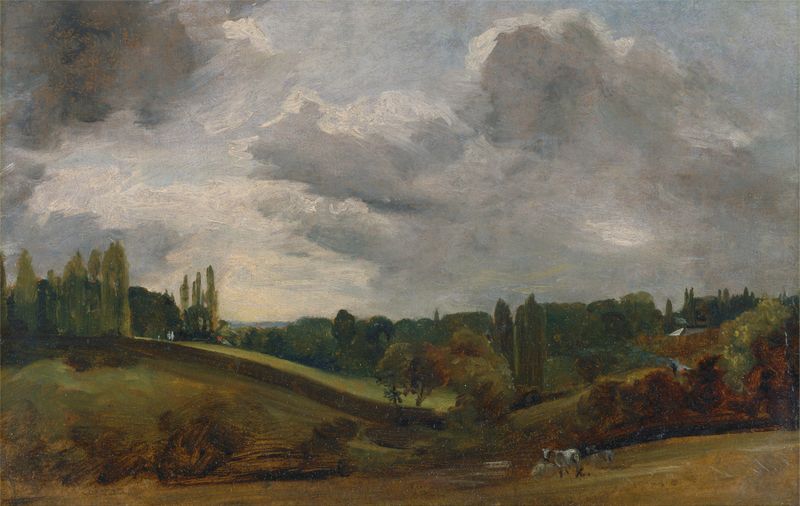 East Bergholt by John Constable, oil on canvas depicting rolling hills and a vibrant sky.