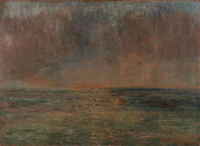 Large seascape – Sunset de James Ensor, óleo sobre tela, mostrando ondas escuras e um pôr do sol vibrante.