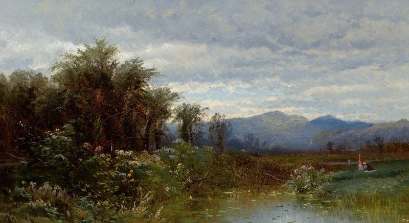 North Conway, New Hampshire de Alfred Thompson Bricher, óleo sobre lienzo que muestra montañas y luz solar.