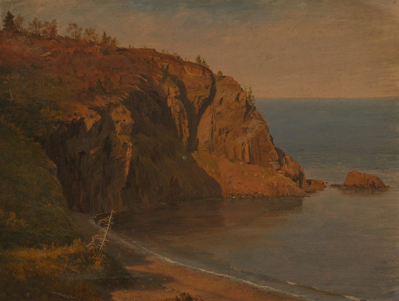 Coast of Grand Manan Island, Canada de Frederic Edwin Church, pintura al óleo que muestra acantilados y océano al atardecer.