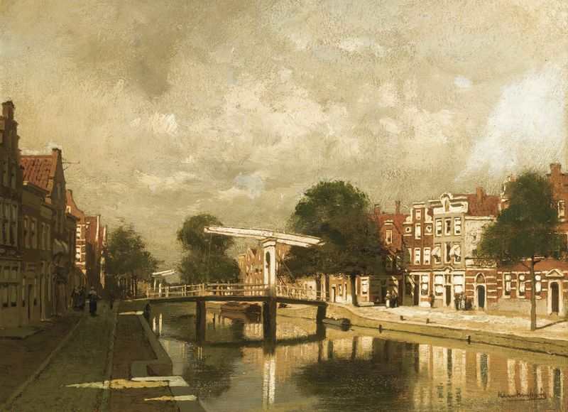 A View Of A Dutch Town by Johannes Christiaan Karel Klinkenberg, oil painting depicting a canal and village.