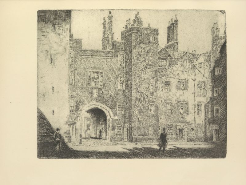 The Great Gate, Lincoln’s Inn de Joseph Pennell, tinta sobre papel, con detalles arquitectónicos y luz.
