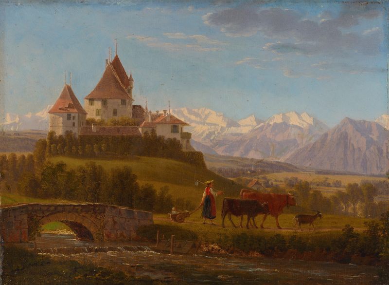 Paisagem de Schloss Worb, óleo sobre tela de Johann Jakob Biedermann