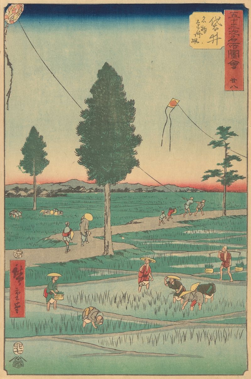 Impresión en madera Fukuroi de Utagawa Hiroshige que representa un paisaje tranquilo con árboles.