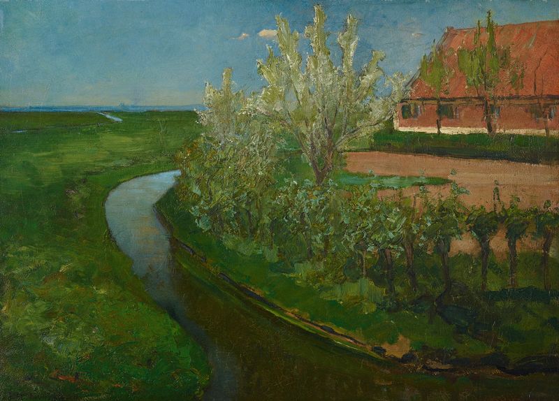 Curved irrigation ditch bordering farmyard with flowering trees, oil painting by Piet Mondrian