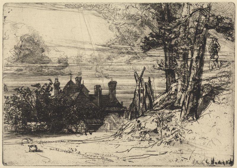 Horsley’s House at Willesley de Francis Seymour Haden, gravura vitoriana que retrata uma paisagem de rio tranquila.