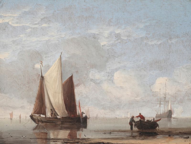 Calm Sea de Willem van de Velde el Joven, óleo que representa olas tranquilas y horizonte.