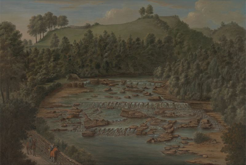 Aysgarth Falls, óleo sobre tela de Balthazar Nebot, retratando uma cascata em uma paisagem exuberante.