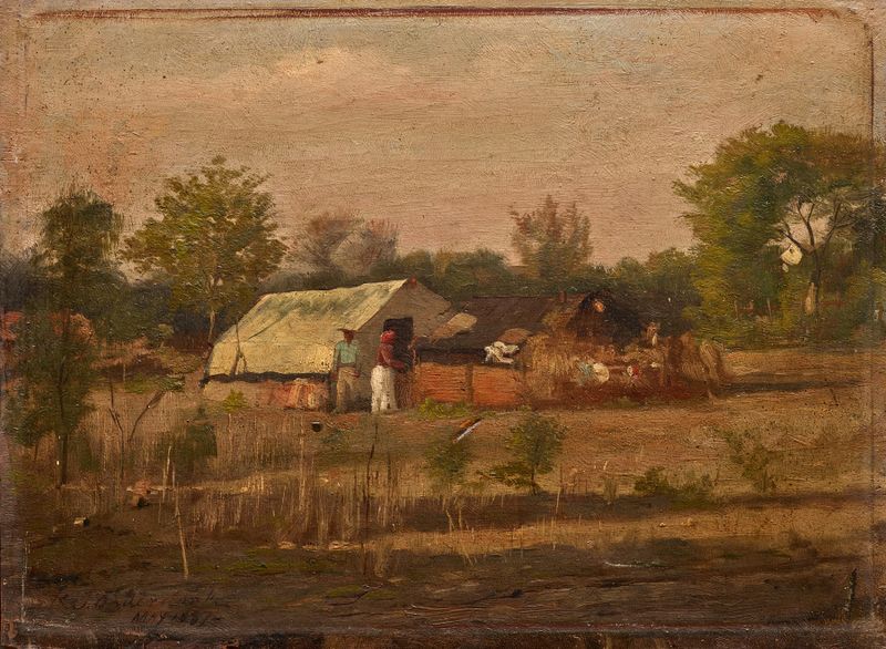Landscape of a jacal with warm earth tones by Robert Jenkins Onderdonk, oil painting