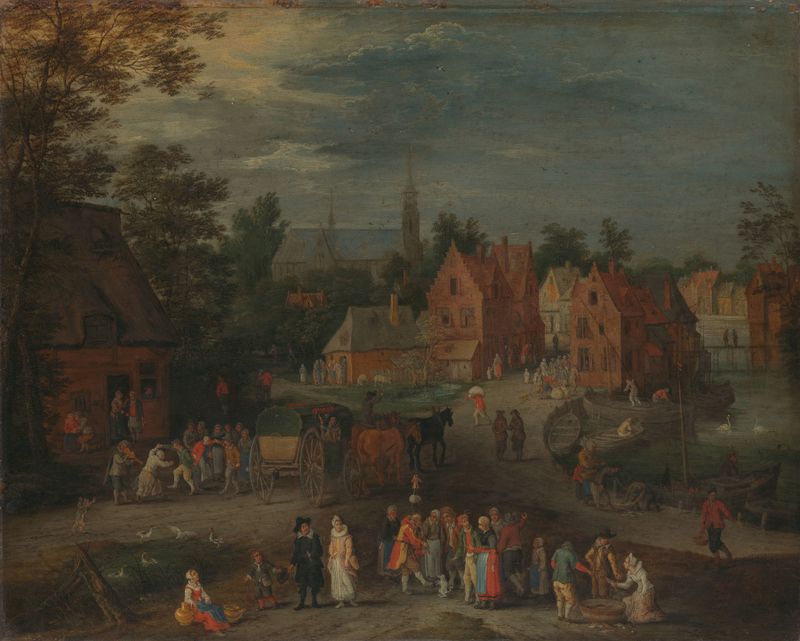 Village with a puppeteer entertaining a small crowd, oil on canvas by Peeter Gijsels