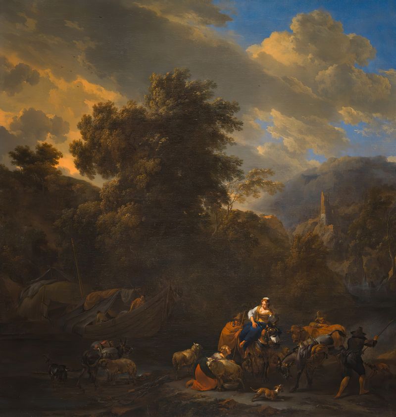 Italianate landscape with figures and pack animals on the riverbank by Nicolaes Pietersz Berchem, oil painting.