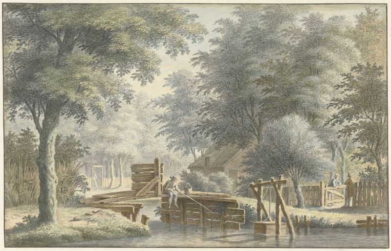 Landschap met een brug waarop een hengelaar, oil on canvas by Gerard van Rossum